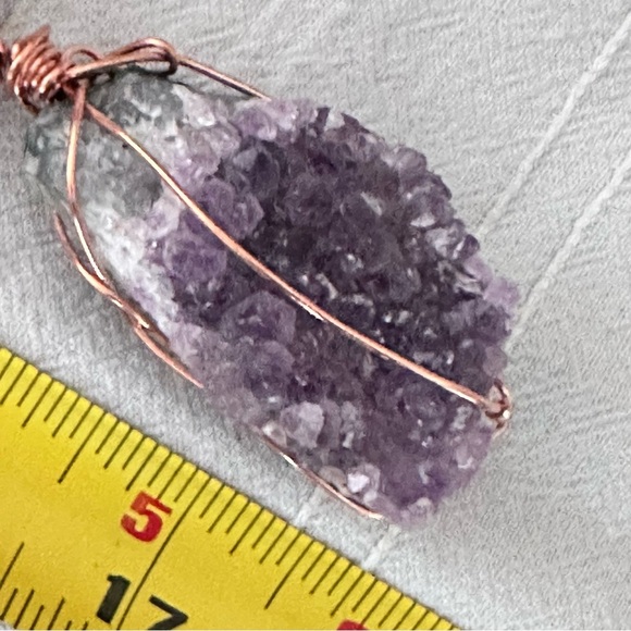 Amethyst Crystalline Wire Wrapped Stone Pendant Necklace Handmade Leather Cord - Picture 11 of 15